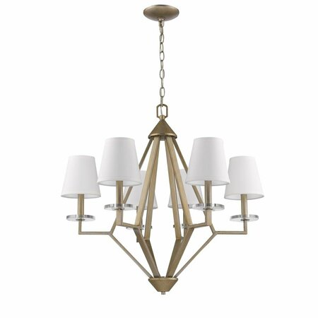 HOMEROOTS 26.25 x 28 x 28 in. Easton 6-Light Washed Gold Chandelier w/Crystal Bobeches & White Fabric Shades 398112